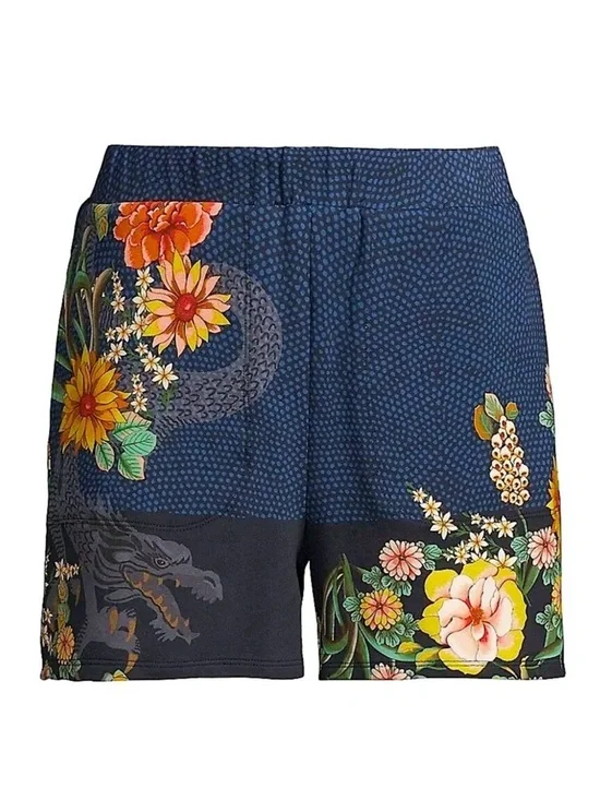 Johnny Was Dragona Easy Shorts XL Dragon Floral Boho Navy Polka Dot Pull-On - Picture 3 of 12